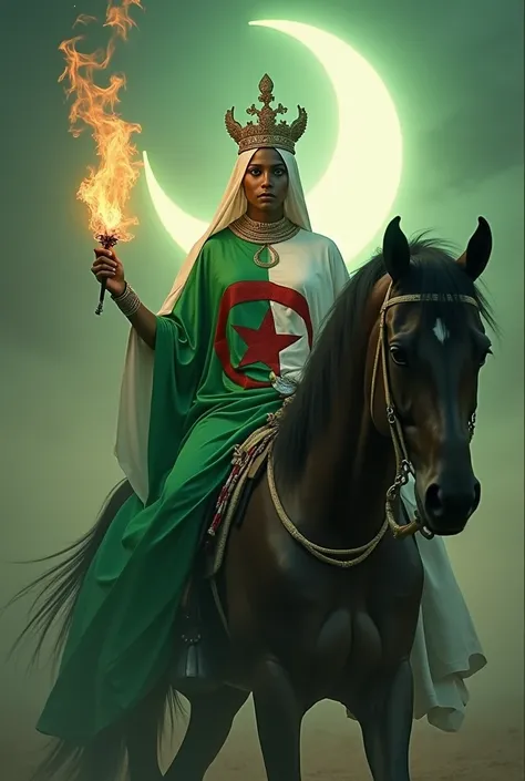 African with black and white skin with the Algerian flag of green white color, green, white, Crescent Moon, 5-pointed star on horseback with luminous torches in their right arms, high up