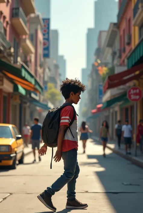 Create a picture of a teenage boy 
 Moreno walking backwards 
On the street 