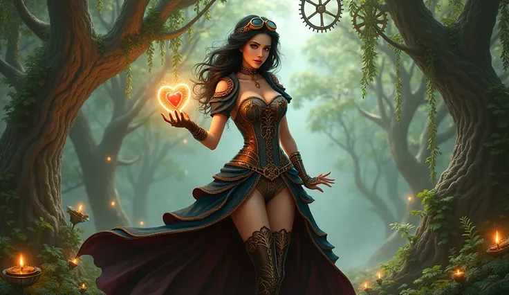 A stunning realistic depiction of Snow White in a steampunk fantasy world. She has an alluring, curved body and wears a fitted steampunk corset with intricate gold and bronze gears, layered skirts with flowing lace, and thigh-high boots. Her jet-black hair...