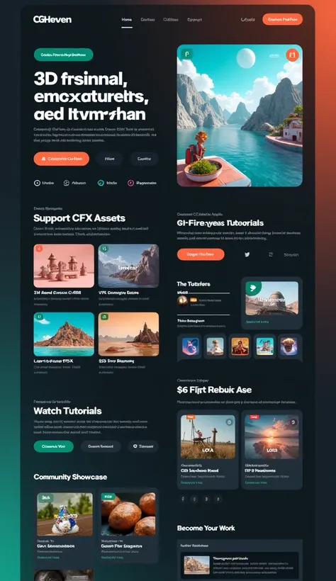 "A vertical homepage layout design for CGHeven with a clean and professional look, emphasizing free CG assets, tutorials, and community support. The design uses a dark gray background with vibrant teal and orange highlights. At the top, a sticky navigation...