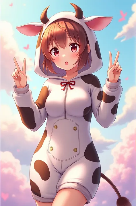 Anime woman in cow costume sticking out her tongue 