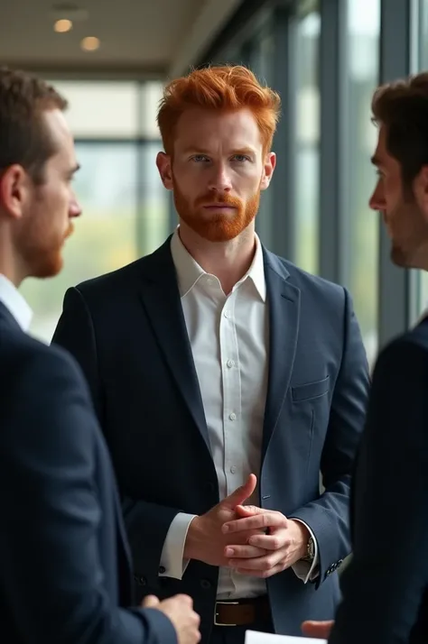 A redhead white dutch man in a professional environment, engaging in a direct and respectful conversation with colleagues. His skin is white like snow. 