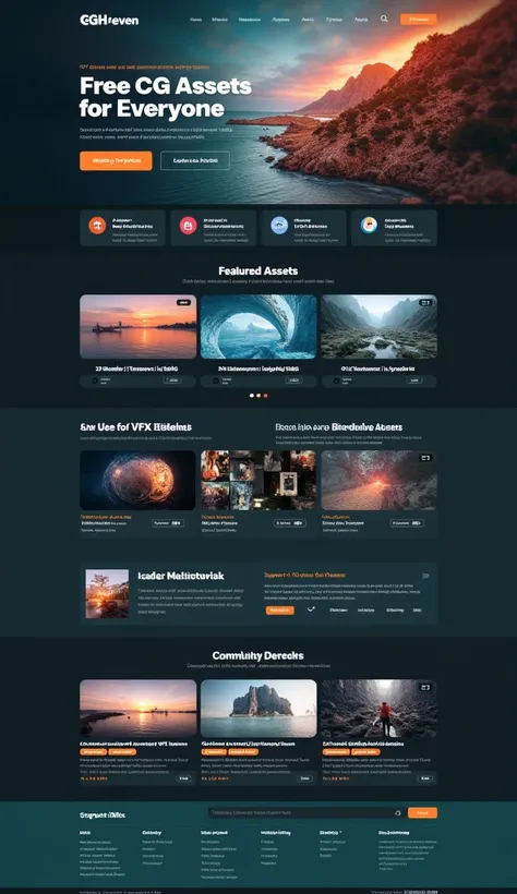 "A vertical homepage layout design for CGHeven, combining professional elements with a focus on free CG assets, tutorials, and community support. The design features a dark gray background with vibrant teal and orange accents. At the top, a sticky navigati...