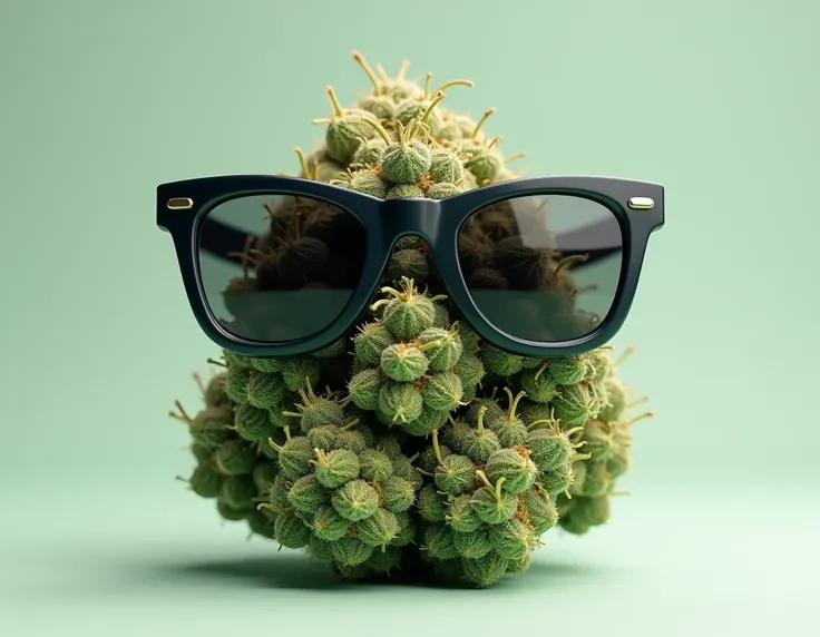 A cannabis bud with dark and happy glasses