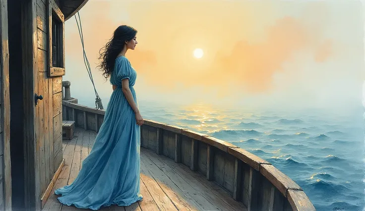 Watercolor art with dark hair in blue dress, Standing on the deck of an old ship, a ship, look away, madrugada, light mist, taciturn atmosphere, Sunrise at sea watercolor art