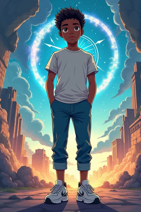 A novel cover where the boy is black skin colour with a casual clothes anime style about time travel 