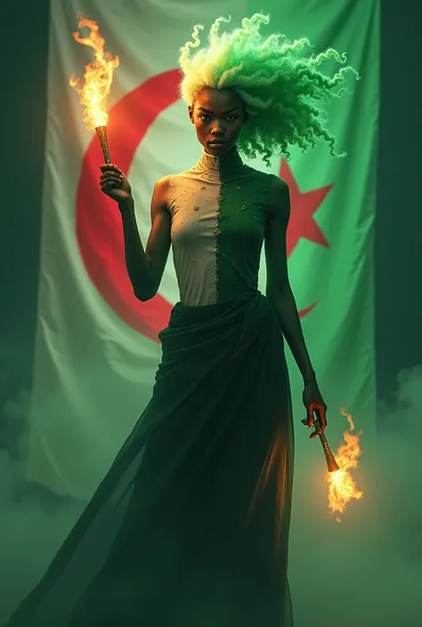 African with black and white skin 
The Algerian flag green white color Crescent Moon 5-pointed star 
 Horse with luminous torches in their right arm high