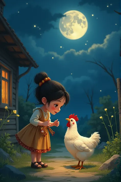 Night.
Girl is playing with her chicken.
She thinks IT is beautiful