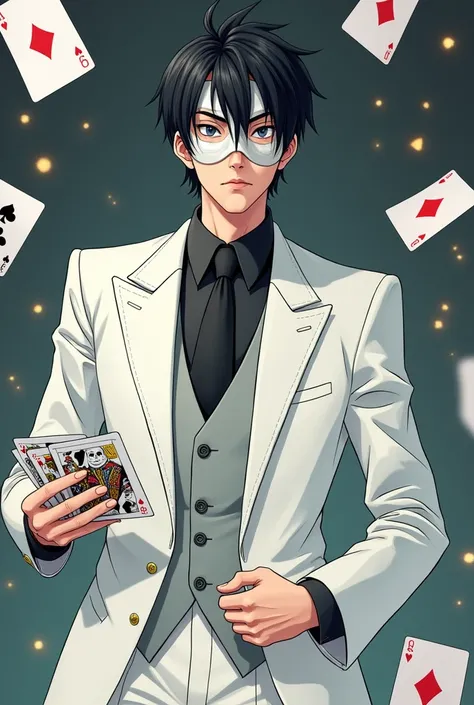  Man in a white suit with playing cards in his hand, with a comedy theater mask on his face,  black hair,  LOOKING TO THE RIGHT , anime