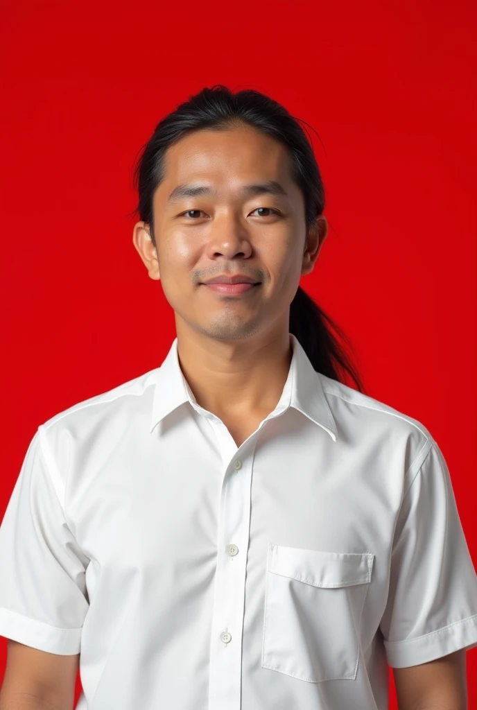  Make me a raealistic photo of an Indonesian man wearing a white shirt and long hair in a tie.slightly plump and white-skinned.solid red background 