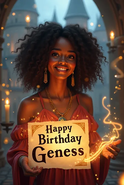 Harry Potter themed image that says "Happy Birthday Genesis", Her name is Genesis, she is a dark woman with curly hair.