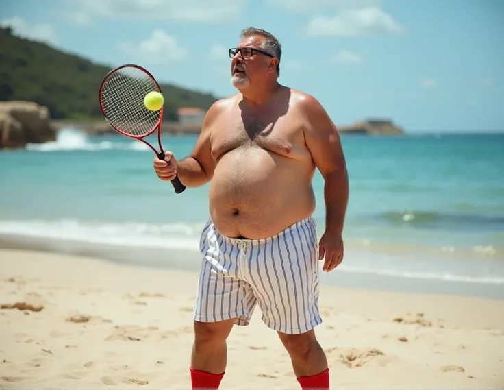 Realistic photographs of a 40 years old man playing tennis at the beach, he is overweight but not fat, without shirt, showing bellybutton, wearing glasses, wearing a white stripe Swim briefs and red socks at the beach, in a white underwear standing on the ...