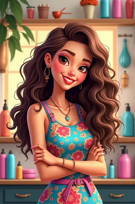 Cartoon of a brunette woman with long curly hair who is a stylist 