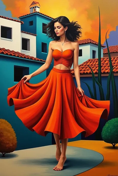   creates a Cubism-style painting ,  Like The Style of the Painter Picasso , of a beautiful woman  , Barefoot with Huipil dancing , taking the edge of her skirt with both hands ,  with houses in Texas In The Background all mixed with Cubism style, What col...