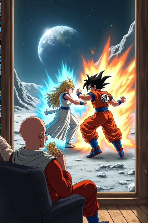 Goku and Bulma fighting on the moon and while Saitama is watching the fight on television while eating popcorn 