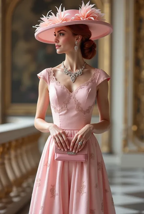 Elegant lady wearing  light pink mid elegant dress with a elegant light pink hat  she wearing light pink high heels and a light pink purse , and she wearing light pink diamond necklace with light pink diamond earings and a ring ,thats lady has reddish hair...