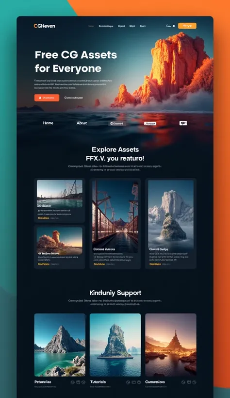 Create a sleek, dark gray homepage for CGHeven with vibrant teal and orange accents.

Header:

Sticky navigation bar with these sections: Home, Assets, Tutorials, About, Support Us, and a search bar.
Hero Section:

Stunning CG render background.
Bold text:...