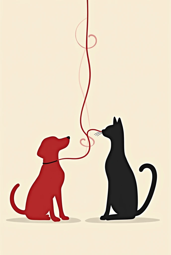  I want you to create an image for a tattoo  (only the silhouettes)  of a beagle dog and a cat that are connected by a thread (red thread theory )