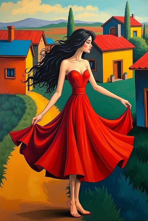   creates a Cubism-style painting ,  Like The Style of the Painter Picasso , of a beautiful woman  , Barefoot with Huipil dancing , taking the edge of her skirt with both hands ,  with houses in Texas In The Background all mixed with Cubism style, What col...