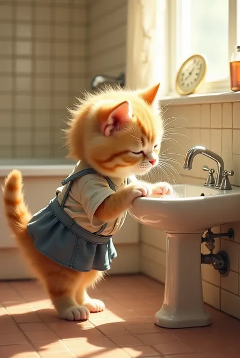 a kitten wearing shirt and skirt is washing hands on sink in bathroom.she turns on tap  and the water come.than kitten wearing shirt and went to sleep