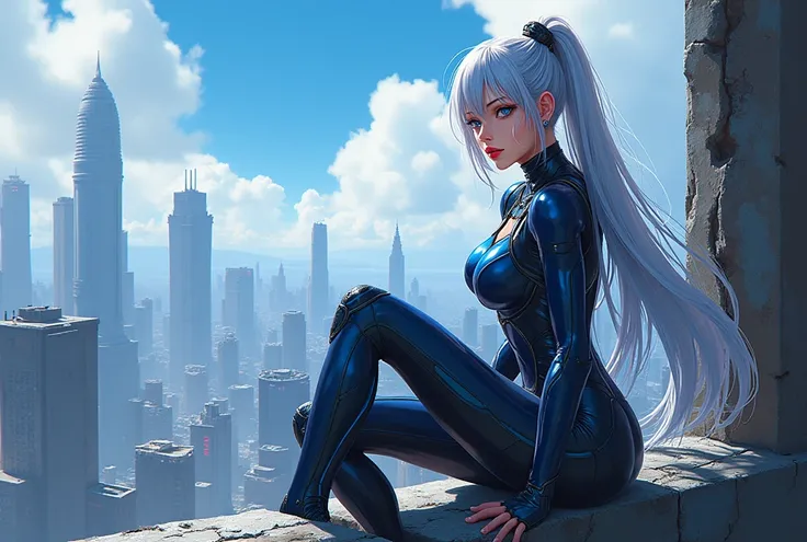 make a very attractive girl "large breast" "silver and blue color hair "blue eyes" "crimson color lips" "clothes" "a cyber style suit with blue" black" and dark blue" and grey colors" in suit" on top of a ruff top of a building and she is gazing upon a cyb...