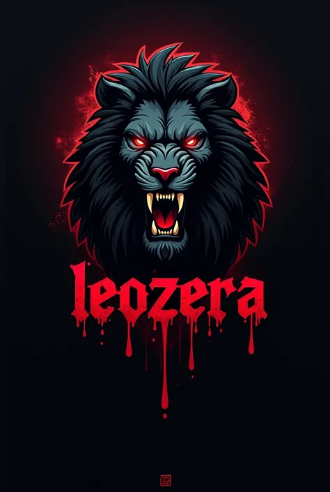 Create a logo with references of professional e-sports teams with a lion in the color black angry,  black background written with blood : Leozera  