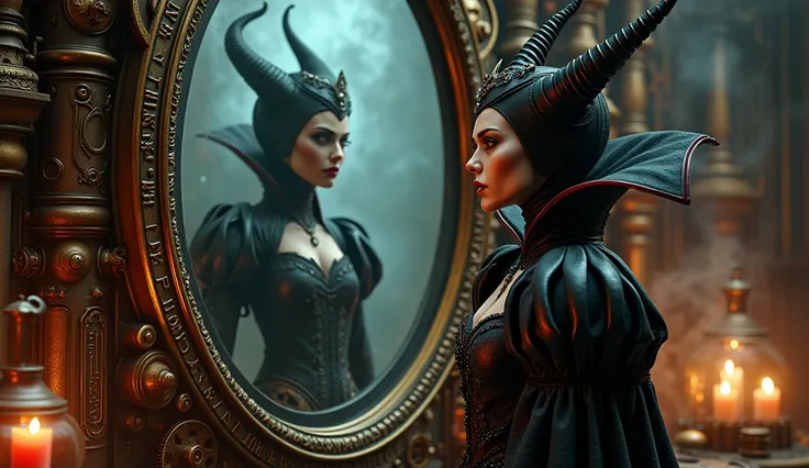 A realistic depiction of the Evil Queen standing regally in front of her massive steampunk mirror. The mirror is a masterpiece of mechanical engineering, with gears, glowing runes, and intricate pipes emitting soft steam. The Queen, clad in a fitted black ...