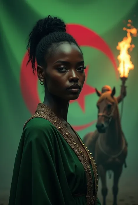 African woman with black skin 
The Algerian flag green white color Crescent Moon 5-pointed star 
 Horse with luminous torches in their right arm high