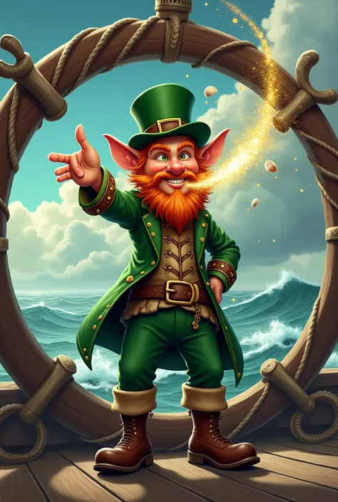  Leprechaun sailor and warrior blowing glitter on his hand. The image in a marine-themed circle 