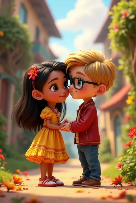 A small Peruvian brunette girl  ,  dark brown eyes ,  black hair,  big pink lips in love with a white-skinned Dutch boy,  big blue eyes with lenses a big profiled nose  , thin lips ,  blonde hair  ( Animated on Disney)