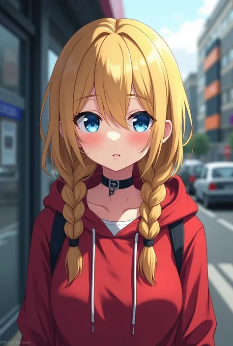 White woman, light yellow hair with two braids that fall over her shoulders, blue eyes and German nationality, wearing a red hoody, a black choker on her neck. Relaxed but friendly facial expression. Modern anime style, desaturated color palette with cold ...