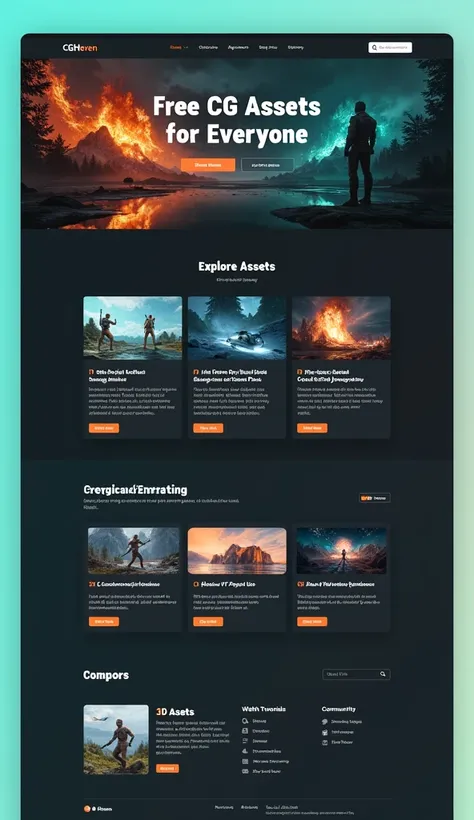 Create a sleek, dark gray homepage for CGHeven with vibrant teal and orange accents.

Header:

Sticky navigation bar with these sections: Home, Assets, Tutorials, About, Support Us, and a search bar.
Hero Section:

Stunning CG render background.
Bold text:...