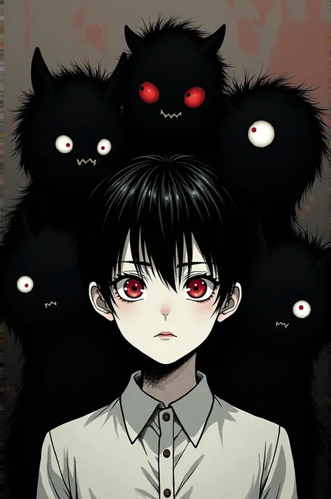 A boy with black hair, red eyes, white skin, straight hair and cute, yandere, obsessive love. There are three creatures around the boy and they are all black. Manga page as follows