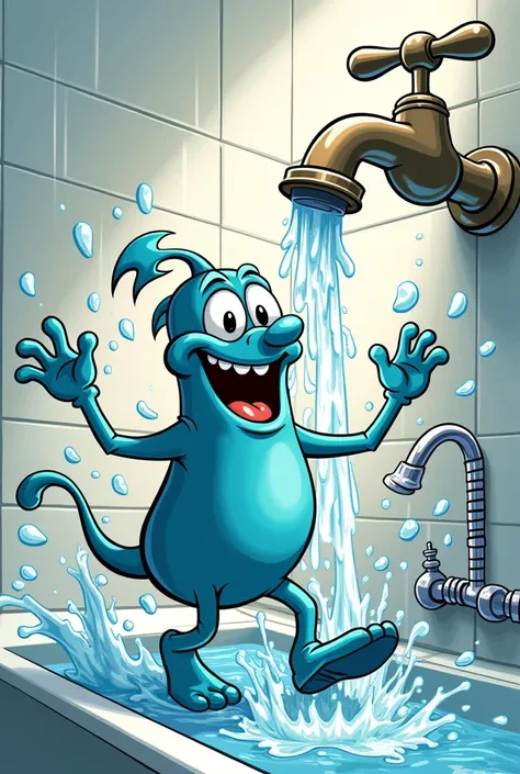  create a funny cartoon image:  • Dancing Tap
o Description :  You leave the faucet open and it starts dancing . Water everywhere !
the :  Loses 3 points and still has a bath .
