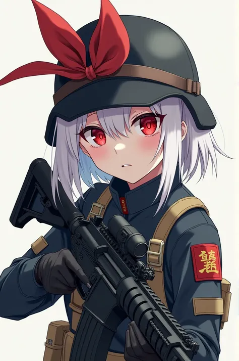 Young anime girl soldier, red eyes, albino, she has a predatory hungery expression, holding her rifle. She has a bow on her helmet