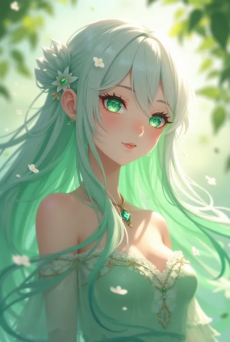 Beautiful girl cosplay is nahida, white skin, green eyes, white hair, green hair ends