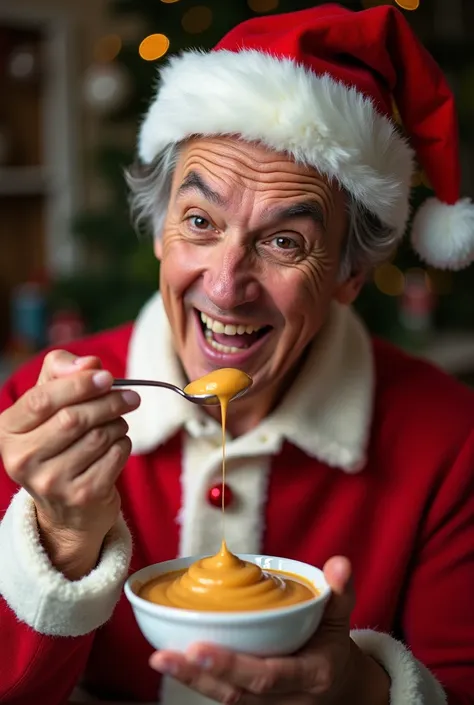 
Realistic photo of a person in Christmas clothes eating a spoonful of Dulce de Leche