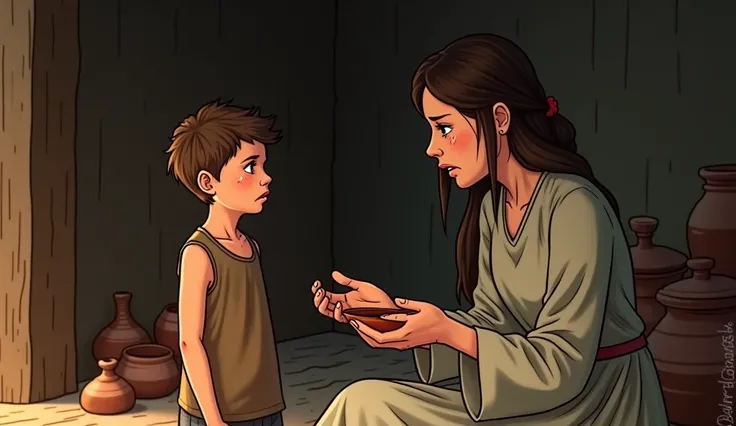 the woman,  now holding a small bowl ,  shows desperation when speaking to Elias .  She points to the boy next to her as tears flow down her cheeks. The environment is simple, with earthenware utensils on the floor .