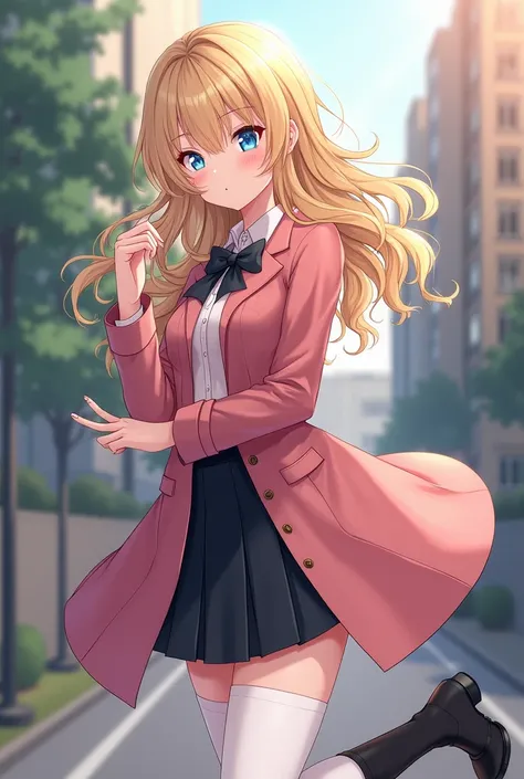 Create an anime one: with wavy blonde hair,  Blue Eyes,  a perfect body with perfect waist and curves, a regular pink closed coat ,  a black skirt and a black boot and a white knee-length Japanese schoolgirl stocking (A sexy and very pretty )