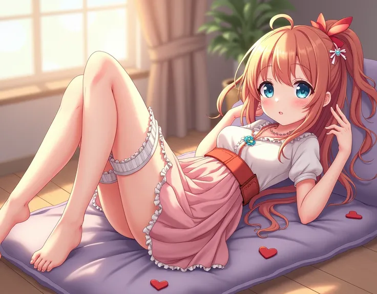 Anime-style girl lifted her legs - lying on a role - anime-style