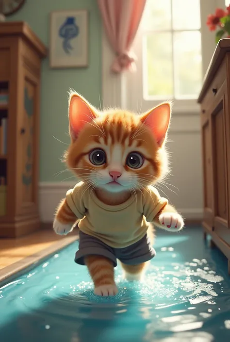 when kitten wearing shirt and skirt wakes up from nap there was a lot of water in her home  on floor.she got scared.she runs to washroom.the water was flowing from the tap.she turns off the tap