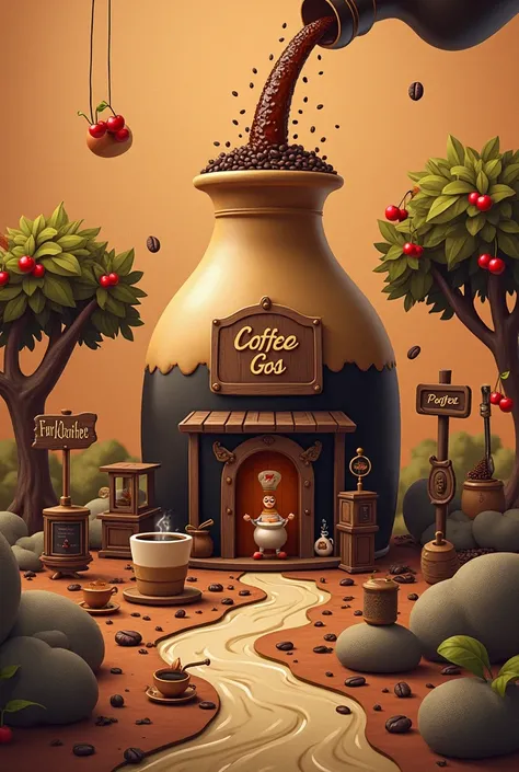 The illustration depicts a creative miniature fantasy scene. A large coffee bottle stands in the center, pouring coffee water like a flowing river into the surrounding area. Below the bottle, there is a small coffee hut resembling a traditional coffee shop...