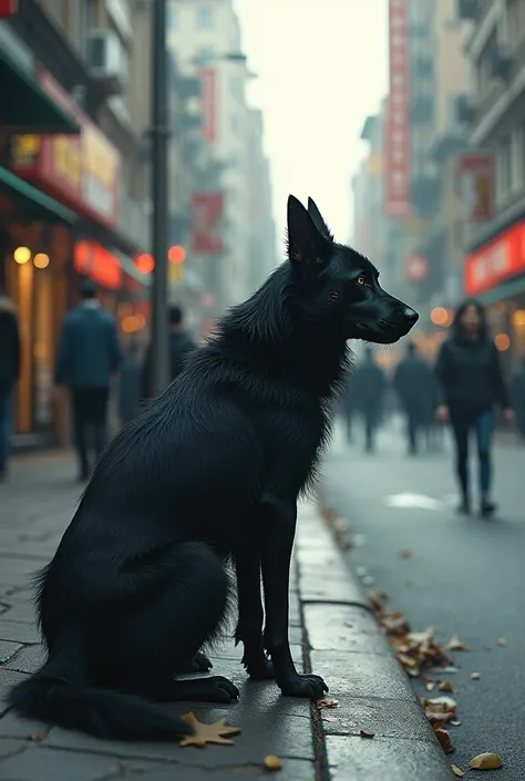 A wierd and wounded black dog observe the street.  lot of people are walking on the road 