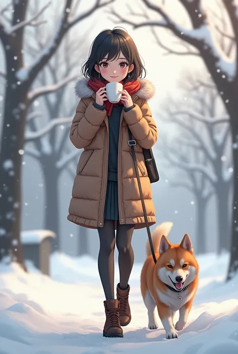 Image generation of Ishihara Satomi showing a smile while drinking coffee、Im taking my dog for a walk、It&#39;s winter