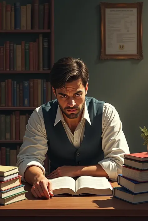 a man sitting at a table with a stack of books in front of him and reading a book on the table, Dan Content, academic art, hard focus, a stock photo