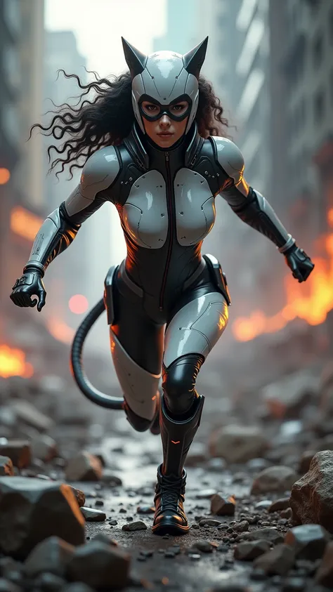 ((Best Quality)), ((Masterpiece)), ((Realistic)), (Detailed), (fotorrealist:1.5), Catwoman futuristic running, black curly hair (White suit), lights on armor, Cyber ​​hats, looking at viewer, dynamic pose, post-apocalyptic, ruined city background, burning ...