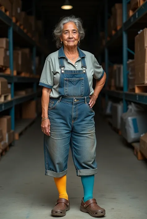 an Uruguayan woman who works in a warehouse and they take a picture of her crocs with socks 