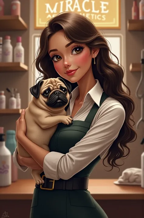 Imagine a woman with curly long hair ,  dressed in an elegant uniform typical of a stylist ,  She carries in her arms an adorable pug ,  with her characteristic short snout and big eyes .  The background is decorated with a variety of beauty and barbering ...