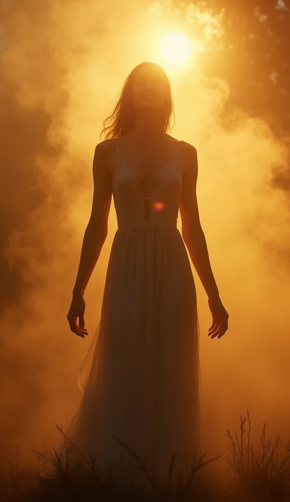 A mysterious, cinematic image of a woman standing under a glowing, golden sky, surrounded by swirling energy or mist. Her silhouette radiates power and change—subtle light traces her figure, hinting at transformation. Her face is partly hidden, with a slig...