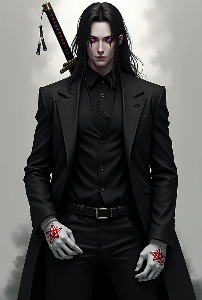 men, high 1,86 tall , Heterochromia one strong purple eye and one red eye wears a black suit with a dark overcoat, black jeans, long black hair and white gloves with a red pentagram drawn on the gloves., A katana